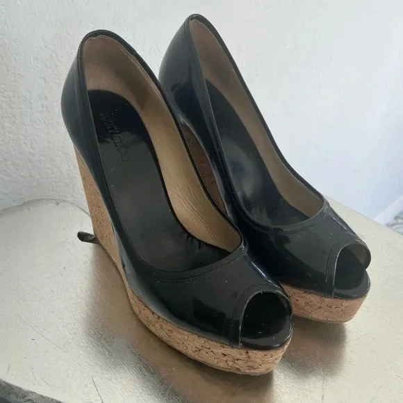 Jimmy Choo Black Patent Papina Cork Wedge Pumps Size 39 - Picture 2 of 9